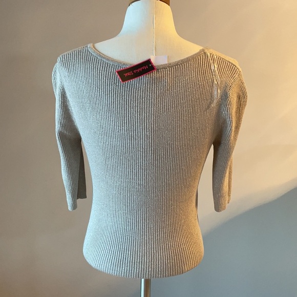 NWT juniors square neck metallic shimmer champagne beige sweater 1/2 sleeve L - Picture 2 of 11